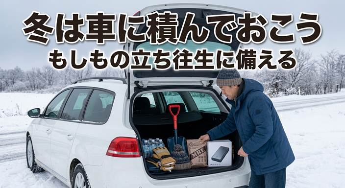 雪道を走る車のトランクを開け、40〜50代の男性が冬用の荷物を確認している。