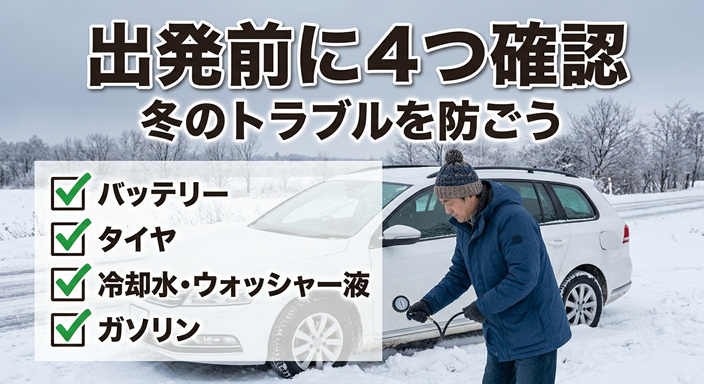 雪道へ出発する前に、40〜50代の男性が車を点検している