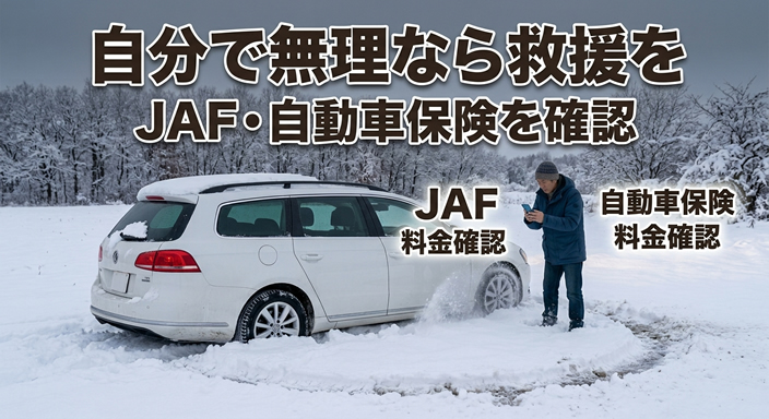 雪道で動けなくなった車と、スマホを持つ40〜50代の男性