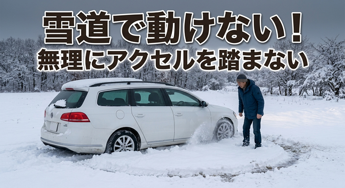 雪の深い道路で車のタイヤが雪にはまり、動けなくなっている