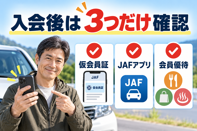 40〜50代の男性がスマホを持ち、その横に3つのチェック項目を配置