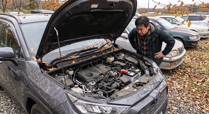 屋外の駐車場に数週間止めたままの乗用車