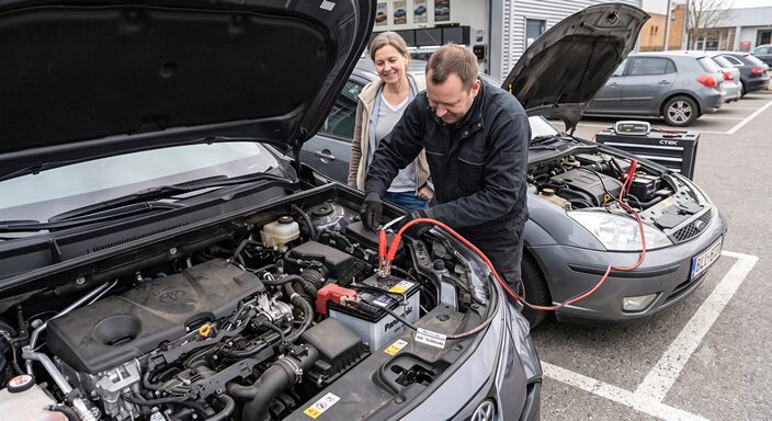 駐車場でバッテリーが上がった車と救援車をブースターケーブルで接続し、ジャンプスタートを行っている様子