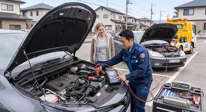 ロードサービス車が到着し、作業員が専用機器でバッテリーを点検・充電している