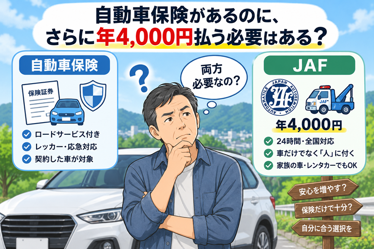 男性が、 「自動車保険」 と 「JAF 年4,000円」 を見比べている