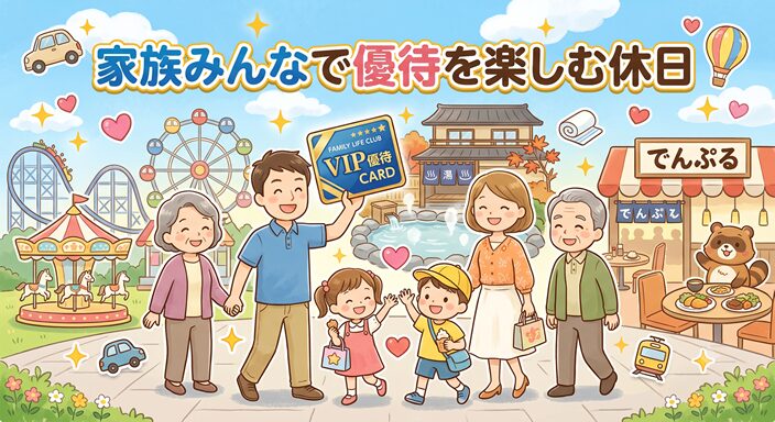 遊園地や温泉、レストランなどを背景に、家族が優待カードを持って笑顔でお出かけしている様子