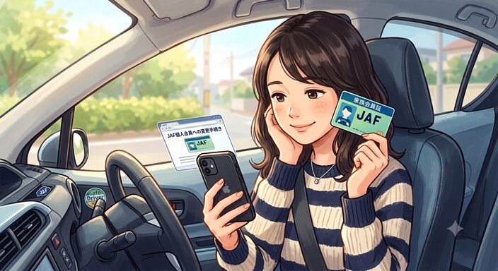 スマートフォンで手続き方法を調べる笑顔のドライバー