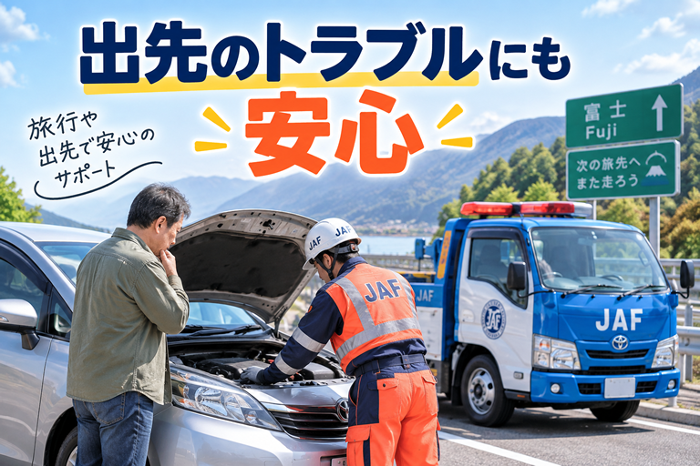 旅行先で車のトラブルが起きた場面