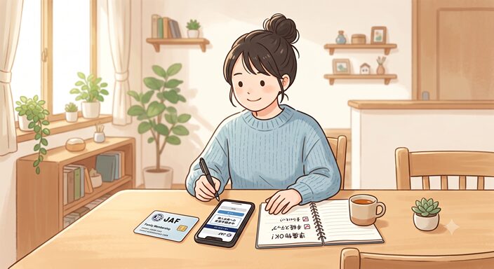 必要な情報を確認しながら安心した表情で手続きを進める人物