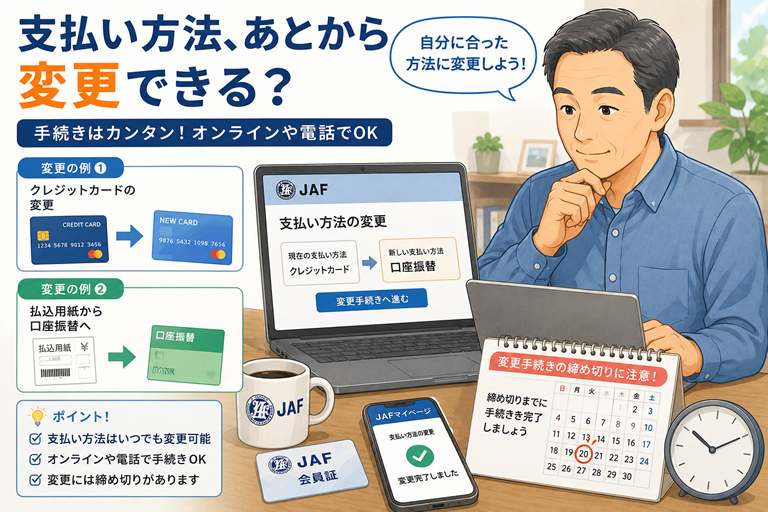 40〜50代くらいの男性が、JAFの会員料金を確認している場面