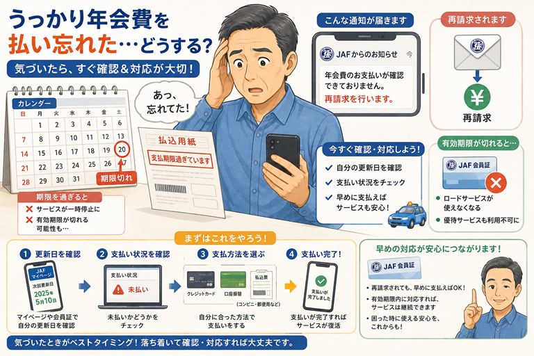 40〜50代の男性が、期限の過ぎた払込用紙やスマホの通知を見て「あっ、忘れていた」と気づいた場面