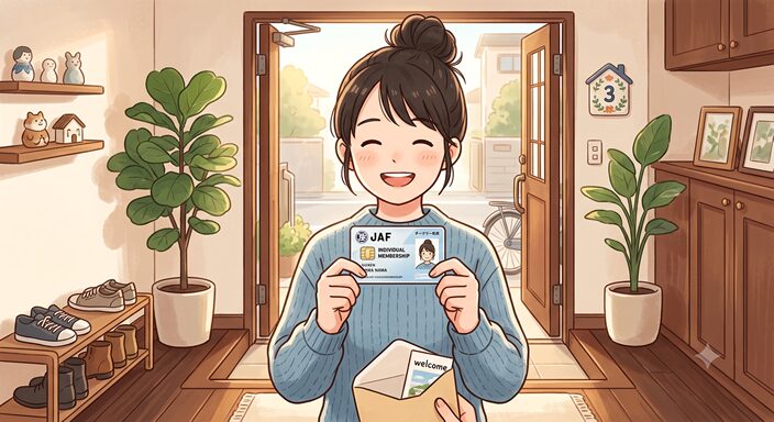 新しく届いたJAF個人会員証を笑顔で受け取り、「これで安心」と喜ぶドライバー
