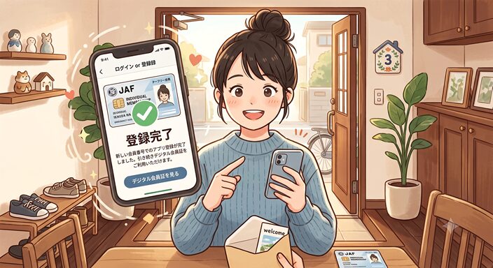 スマートフォンのJAFアプリを見ながら、新しい会員番号を登録している人物