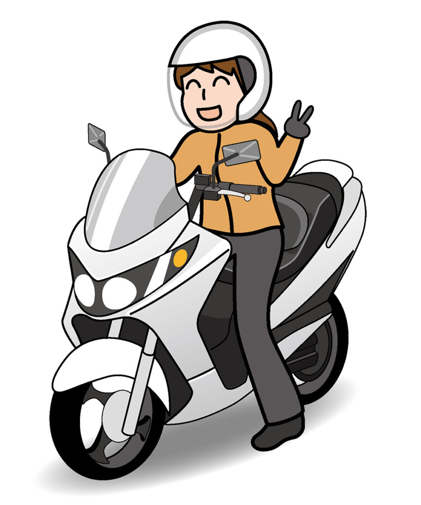 バイクに乗ってピースをする女性