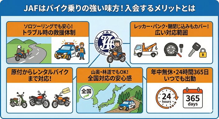 JAFはバイク乗りの強い味方のイラスト図