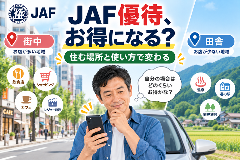 40〜50代の男性がスマホを見ながら、自分の生活圏にある優待施設を確認している