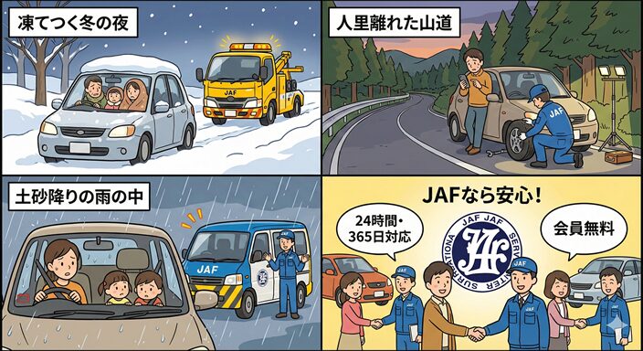 とんでもない時に助かる安心感JAFイラスト