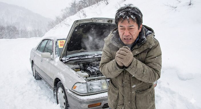 山中でのエンジントラブルの図