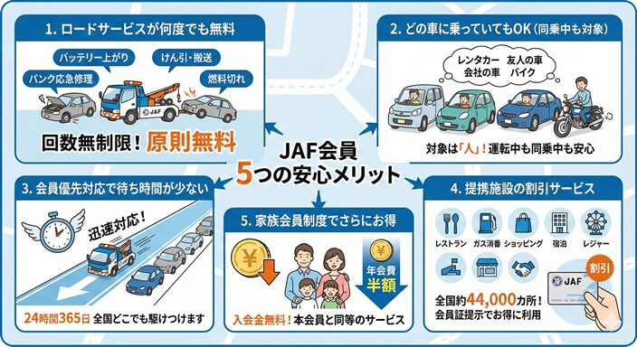 JAF会員が得られる5つの安心メリットの図