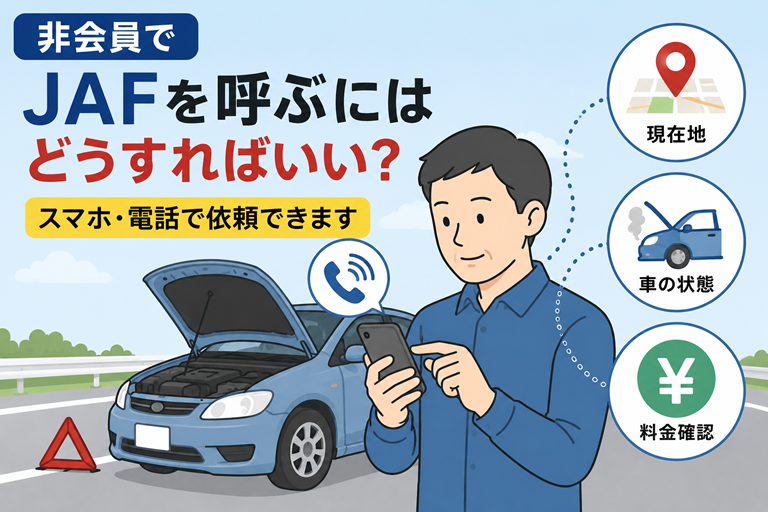故障した車の横で、男性がスマホからロードサービスを依頼している