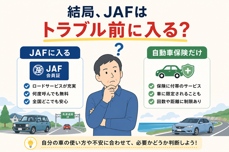 男性が「JAFに入る」「自動車保険だけ」の2つを見比べて考えている