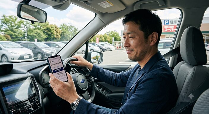40代男性が車内でスマートフォンを見ながらJAFへの入会方法を調べている様子
