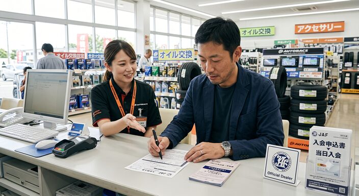 カー用品店のサービスカウンターで、40代男性がスタッフからJAF入会の説明を受け