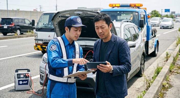 道路脇でバッテリー上がりの車の救援作業を行うJAFロードサービススタッフと、その横で説明を受ける40代男性