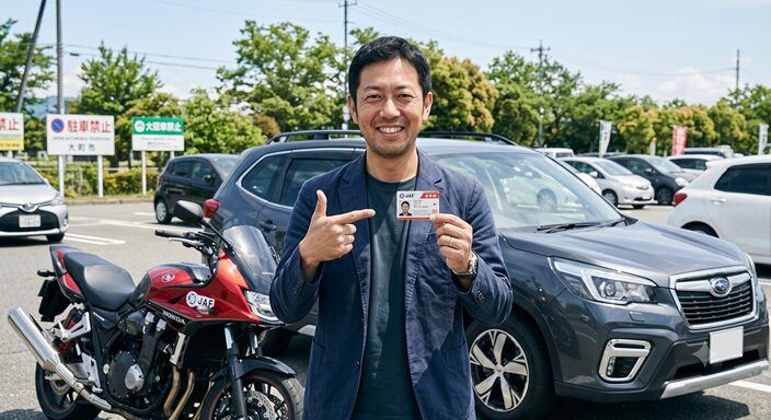 駐車場で自家用車とバイクの前に立ち、JAF会員証を手に笑顔を見せる40代男性