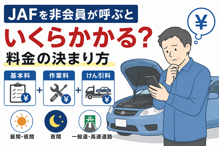 故障した車の横で、料金を確認している40〜50代の男性