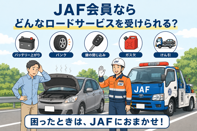 道路脇で困っている車と、到着したロードサービススタッフ