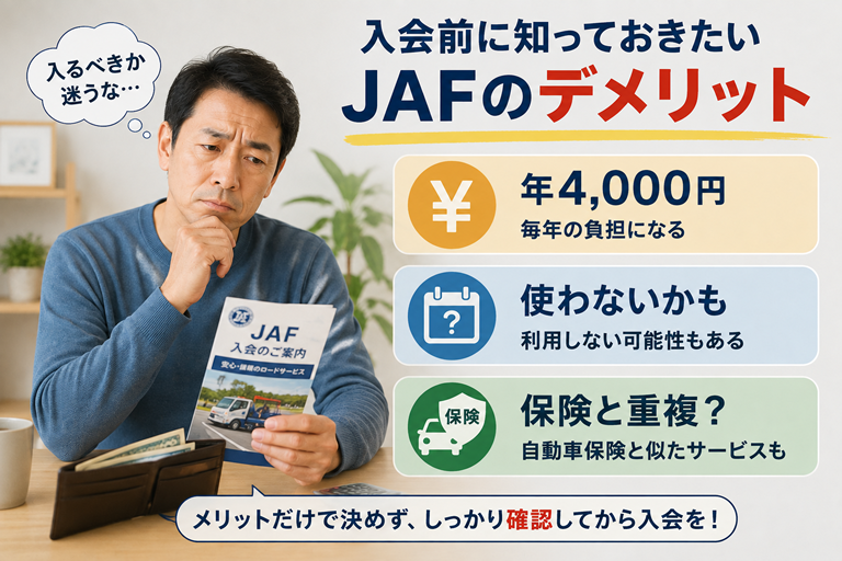 40〜50代の男性が財布とJAFの案内を見ながら少し考えている