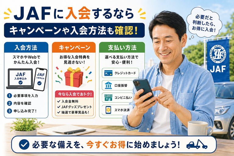 JAFへの加入を決めた40〜50代の男性が、スマホから入会方法を確認している