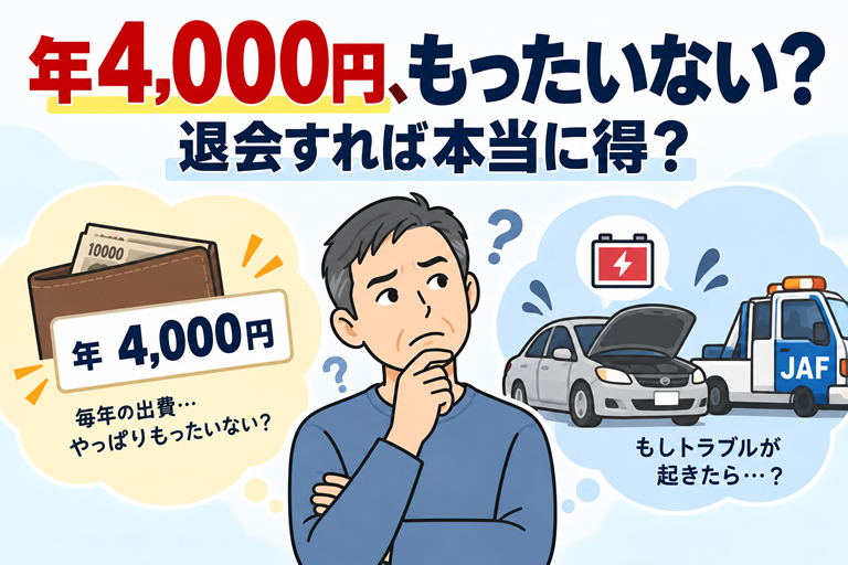 男性が「年4,000円」と「車のトラブル」を見比べて考えている