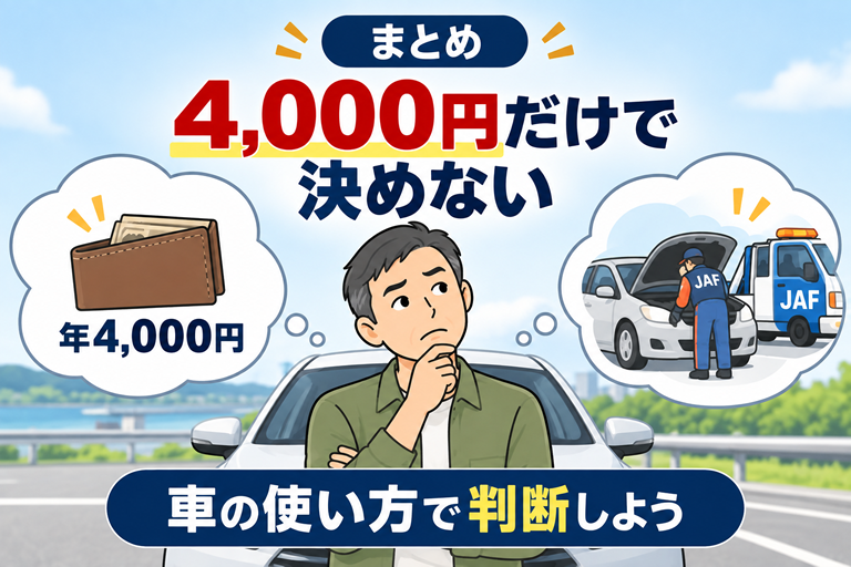 男性が車の前で、財布とロードサービスを見比べている