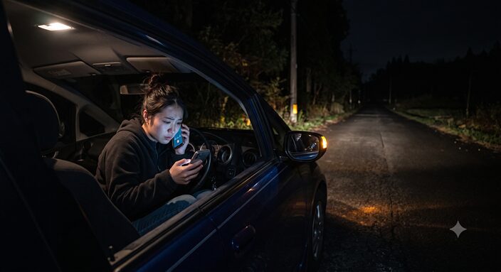 深夜の静かな道路で動けなくなり、不安そうにスマホを握るドライバー