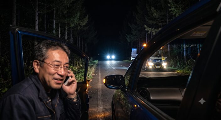 夜道で待つ間、遠くからJAFの車両のライトが見えて安心した瞬間