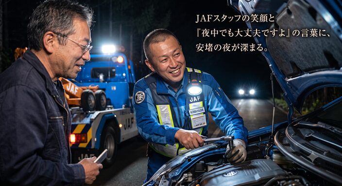 JAFスタッフが笑顔で対応し、『夜中でも大丈夫ですよ』と安心させながら作業する様子