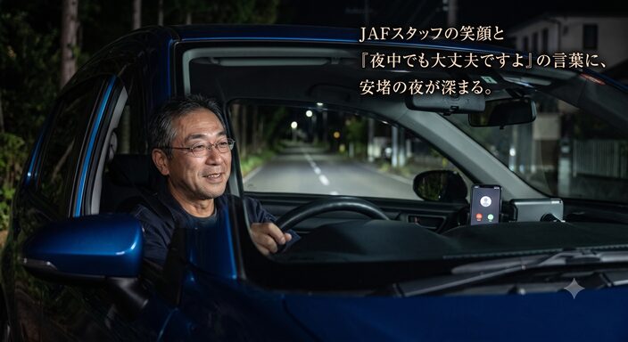 修理が終わり、無事に車を走らせながらホッとした表情で帰宅するドライバー