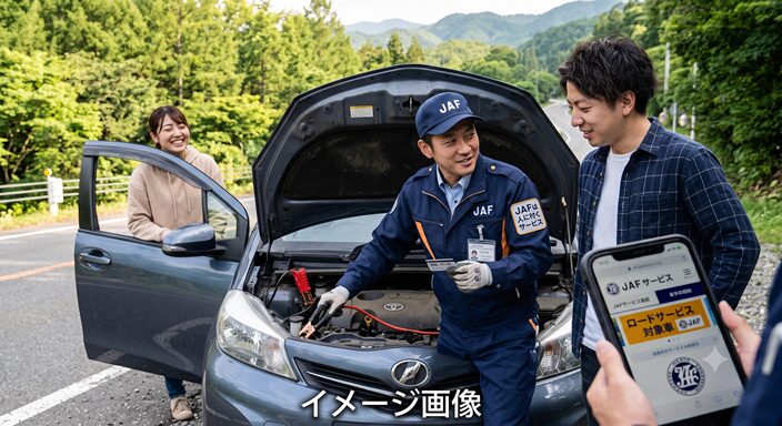 JAFスタッフが友達の車のバッテリー上がりに対応