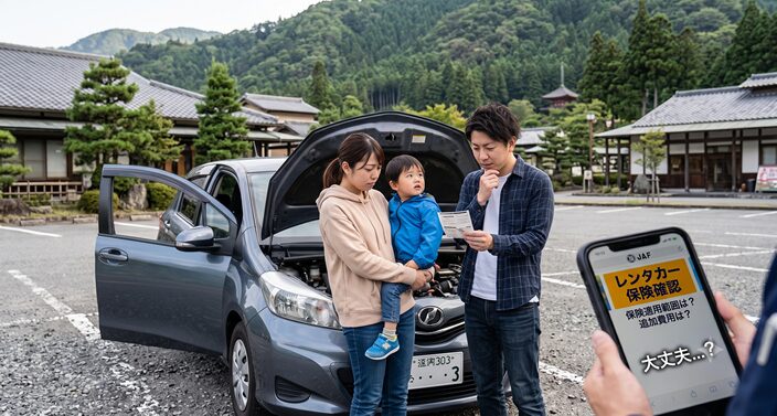 家族が不安そうに車の横で待っている様子