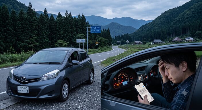 田舎の国道で燃料計が残りわずかになり、周囲にガソリンスタンドもなく焦るドライバー