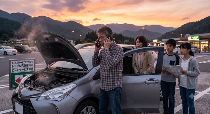 運転手がロードサービスへ連絡している