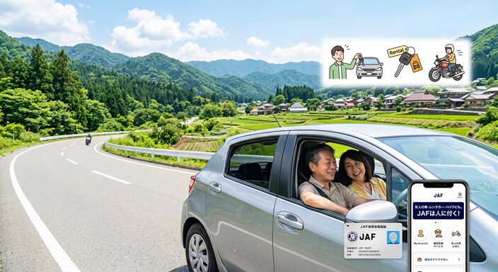 山あいの一本道を安心してドライブする夫婦