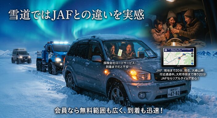 雪道で困りながら、保険会社のロードサービスとJAFを比較しているドライバー