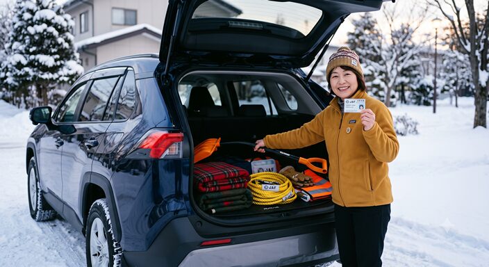JAF会員証を確認してから雪道へ出発する笑顔のドライバー