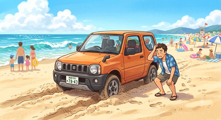 夏の海辺の砂浜で車のタイヤが深く砂に埋まり動けなくなる