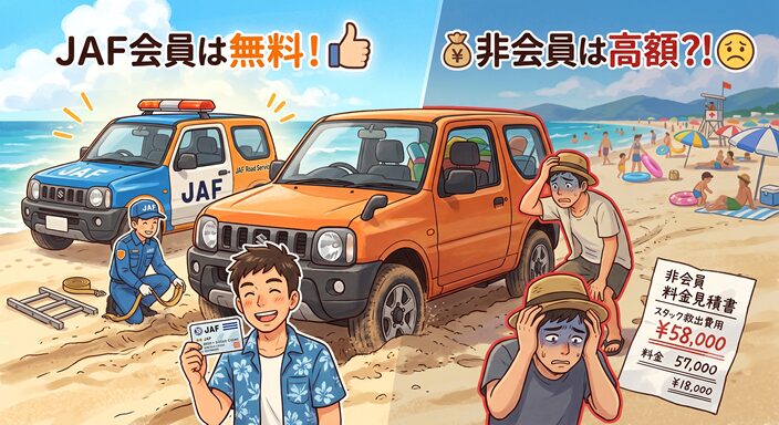 砂浜でスタックした車のそばで、JAF会員証を手に安心しているドライバーと、高額な料金を心配して頭を抱える非会員を対比して描く
