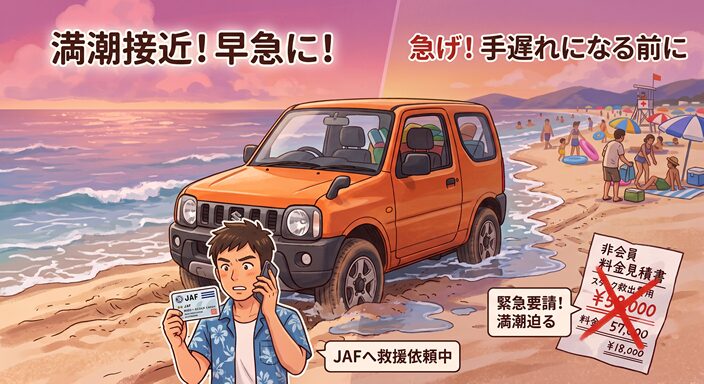 砂浜で動けなくなった車の近くまで波が少しずつ近づいてきて、ドライバーがスマートフォンでJAFへ連絡している様子
