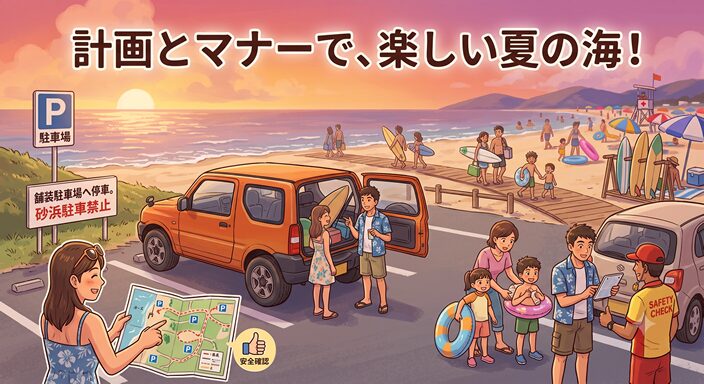 海へ出かける前、駐車できる場所を地図で確認しながら、砂浜ではなく舗装された駐車場へ車を止める家族やサーファー
